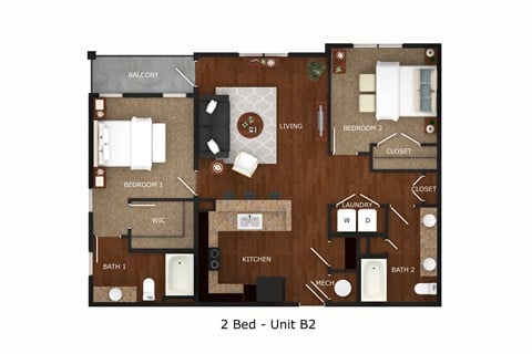 Floor plan for 2 beds, 2 baths, 1170 sqft
